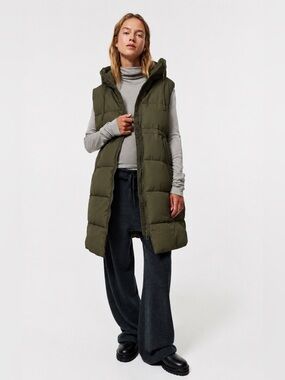 Zara Olive Green Longline Puffer Vest Hooded Sleeveless XS